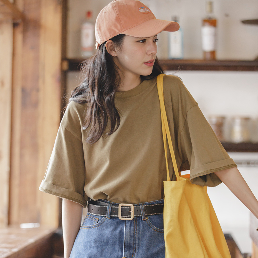 Casual Cotton Short-Sleeved Loose Round Neck Basic Solid Color 112 01