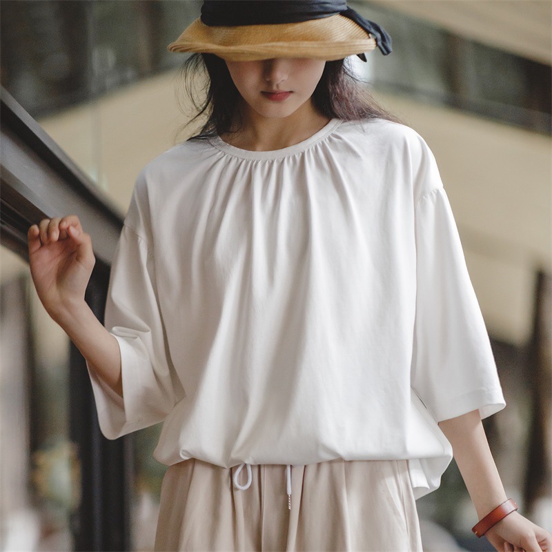 Simple Round Neck Pullover Looks Thin Lazy Short Sleeves 106 01