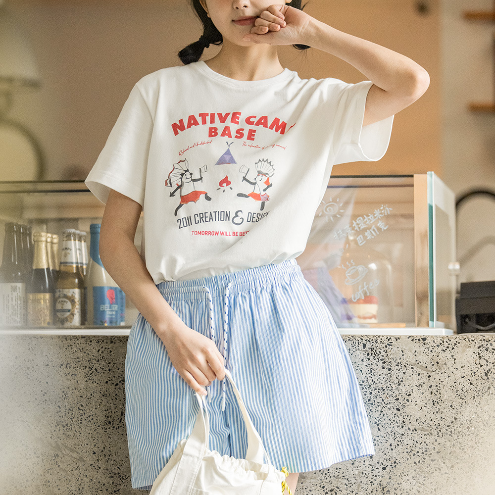 Vintage Print Short Sleeve Cotton Breathable Loose Top 108 01