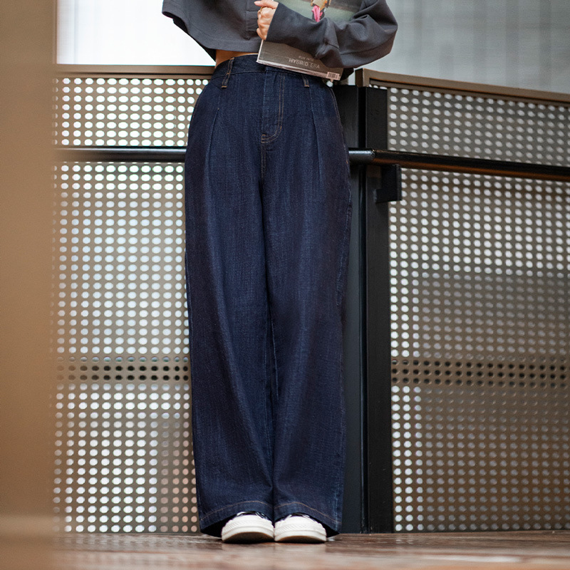 Washed Blue Denim Wide-Leg Pants Casual Pants High Waist 150