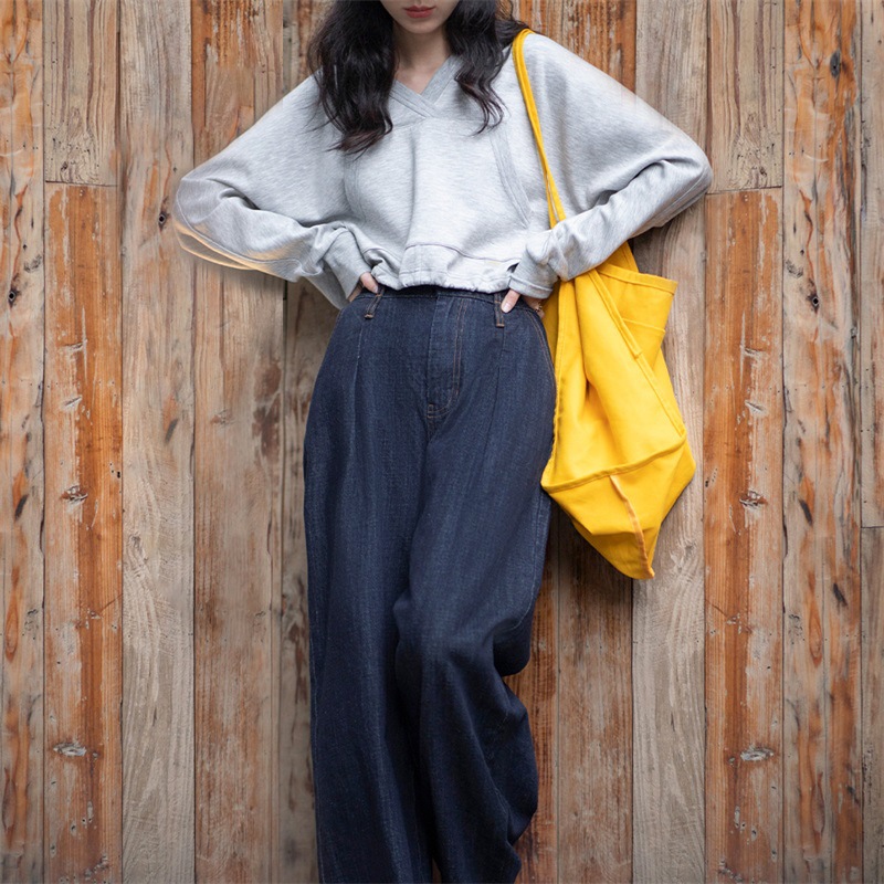 Washed Blue Denim Wide-Leg Pants Casual Pants High Waist 150