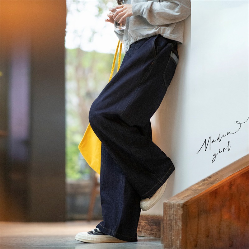 Washed Blue Denim Wide-Leg Pants Casual Pants High Waist 150