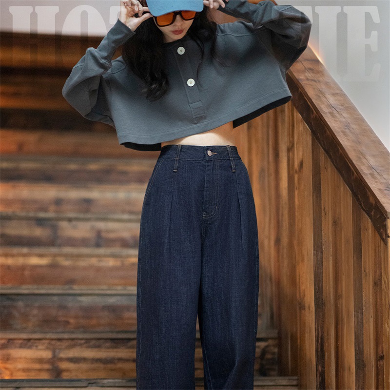 Washed Blue Denim Wide-Leg Pants Casual Pants High Waist 150